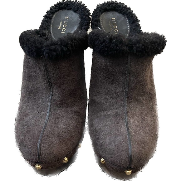 GUCCI Brown Suede Leather Fur Lined Platform Wood Stud Clogs Heels Size 40 - Picture 1 of 10